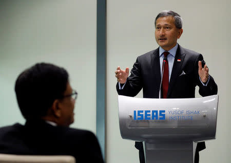 Singapore's Foreign Minister Vivian Balakrishnan speaks at the 15th ASEAN Lecture on "ASEAN: Next 50" at the ISEAS Yusof Ishak Institute in Singapore December 5, 2017. REUTERS/Edgar Su