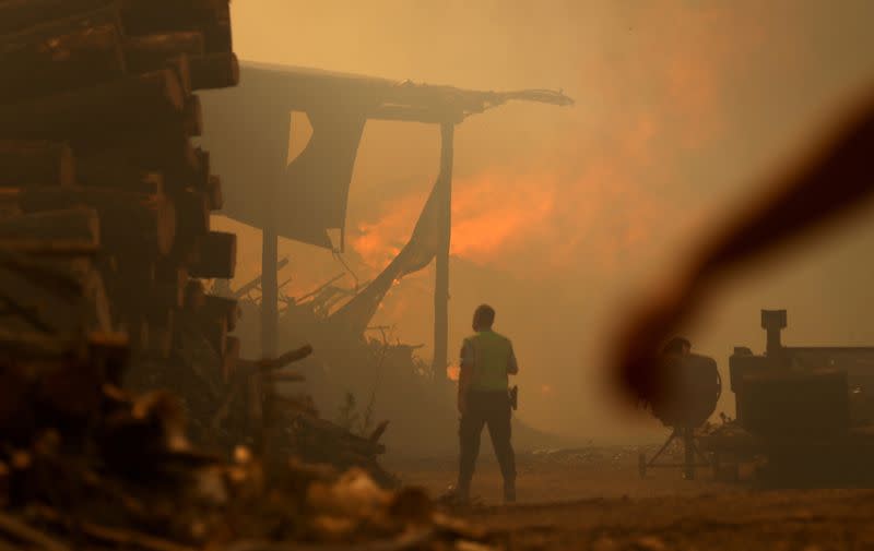 Una persona permanece de pie mientras prosigue un incendio, en Leiria, Portugal