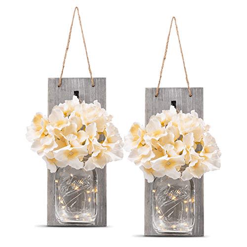 HOMKO Decorative Mason Jar Wall Decor - Rustic Wall Sconces with 6-Hour Timer LED Fairy Lights and Flowers - Farmhouse Home Decor (Set of 2) (Amazon / Amazon)