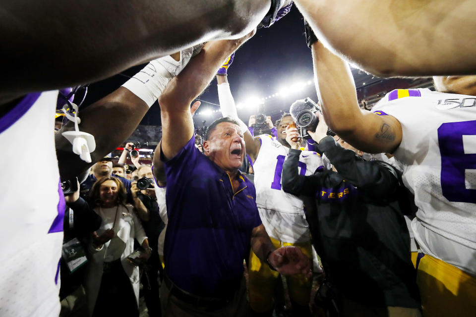 TUSCALOOSA, ALABAMA - NOVEMBER 09: Head coach Ed Orgeron of the LSU Tigers celebrates after defeating the Alabama Crimson Tide 46-41 at Bryant-Denny Stadium on November 09, 2019 in Tuscaloosa, Alabama. (Photo by Kevin C. Cox/Getty Images)