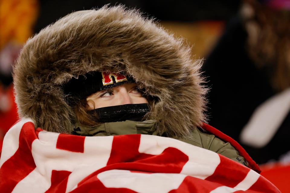 KANSAS CITY, MISSOURI - JANUARY 13: A Kansas City Chiefs fan looks on during the AFC Wild Card Playoffs between the Miami Dolphins and the Kansas City Chiefs at GEHA Field at Arrowhead Stadium on January 13, 2024 in Kansas City, Missouri. (Photo by David Eulitt/Getty Images)