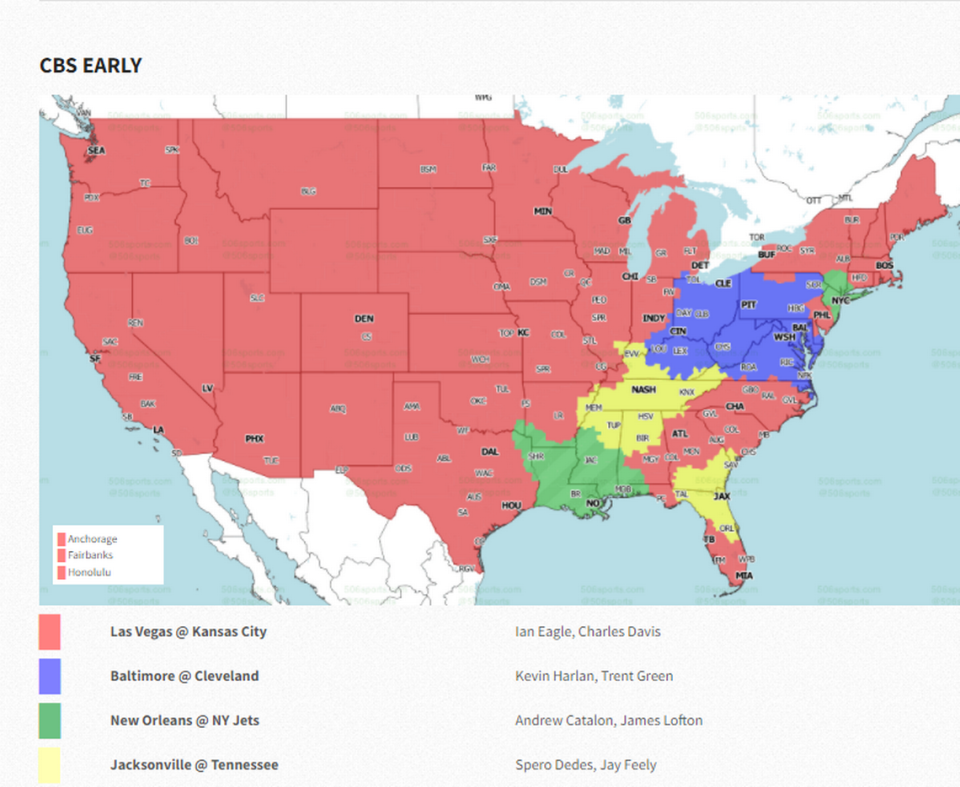 506 Sports TV map of NFL games on CBS on Sunday, Dec. 12, 2021.