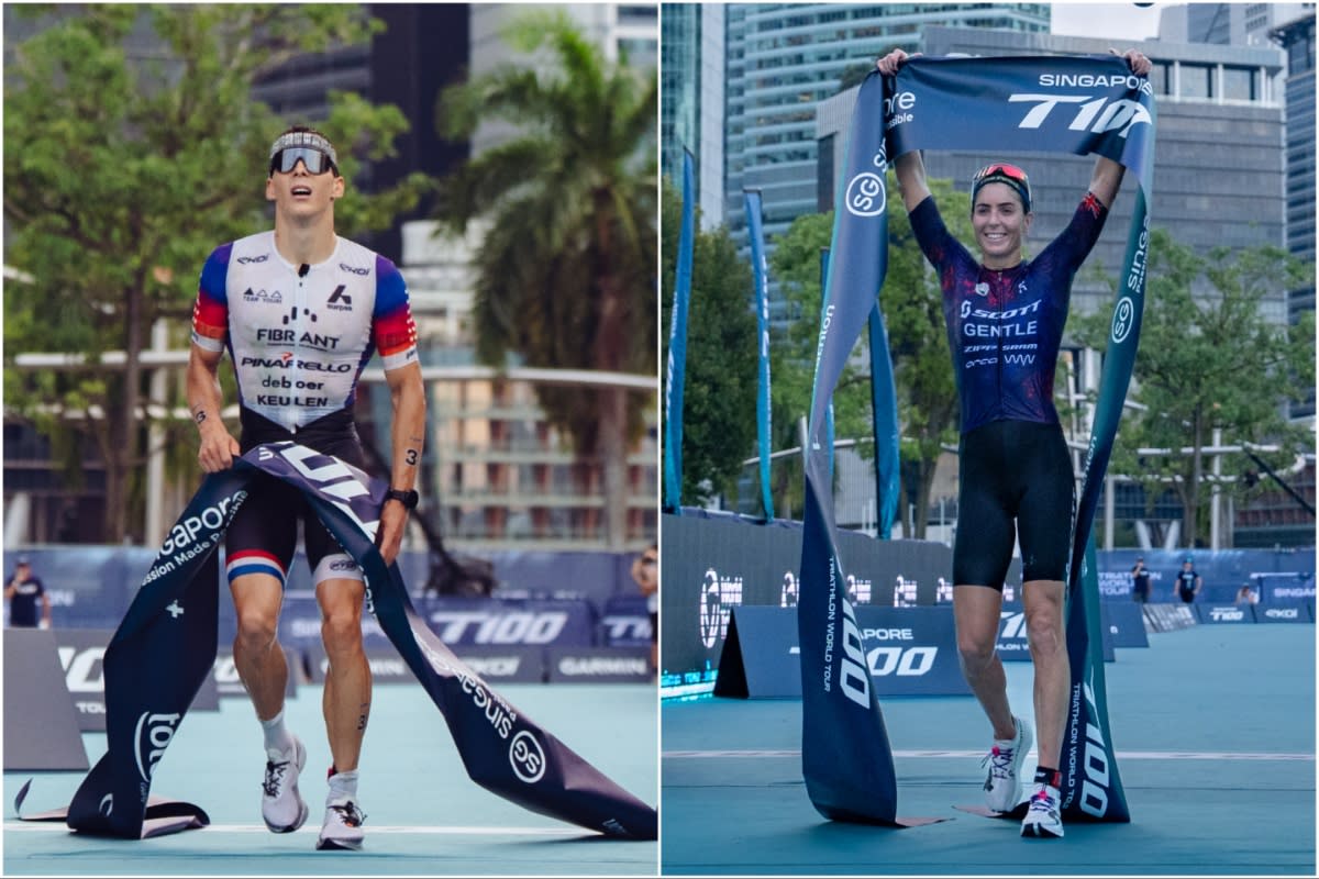 Singapore T100 Men's Pro Race winner Youri Keulen and Women's Pro Race winner Ashleigh Gentle. (PHOTOS: Professional Triathletes Organisation)