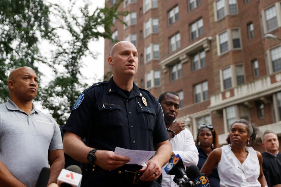 Richmond interim chief of police Rick Edwards gives a news briefing about the Huguenot High School graduation shooting on Tuesday evening (AP)