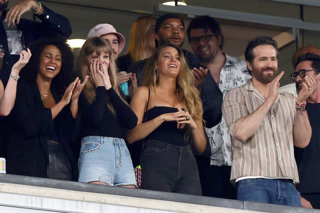<p>Jim McIsaac/Getty</p> Taylor Swift, Blake Lively and Ryan Reynolds watch the New York Jets and the Kansas City Chiefs in October 2023