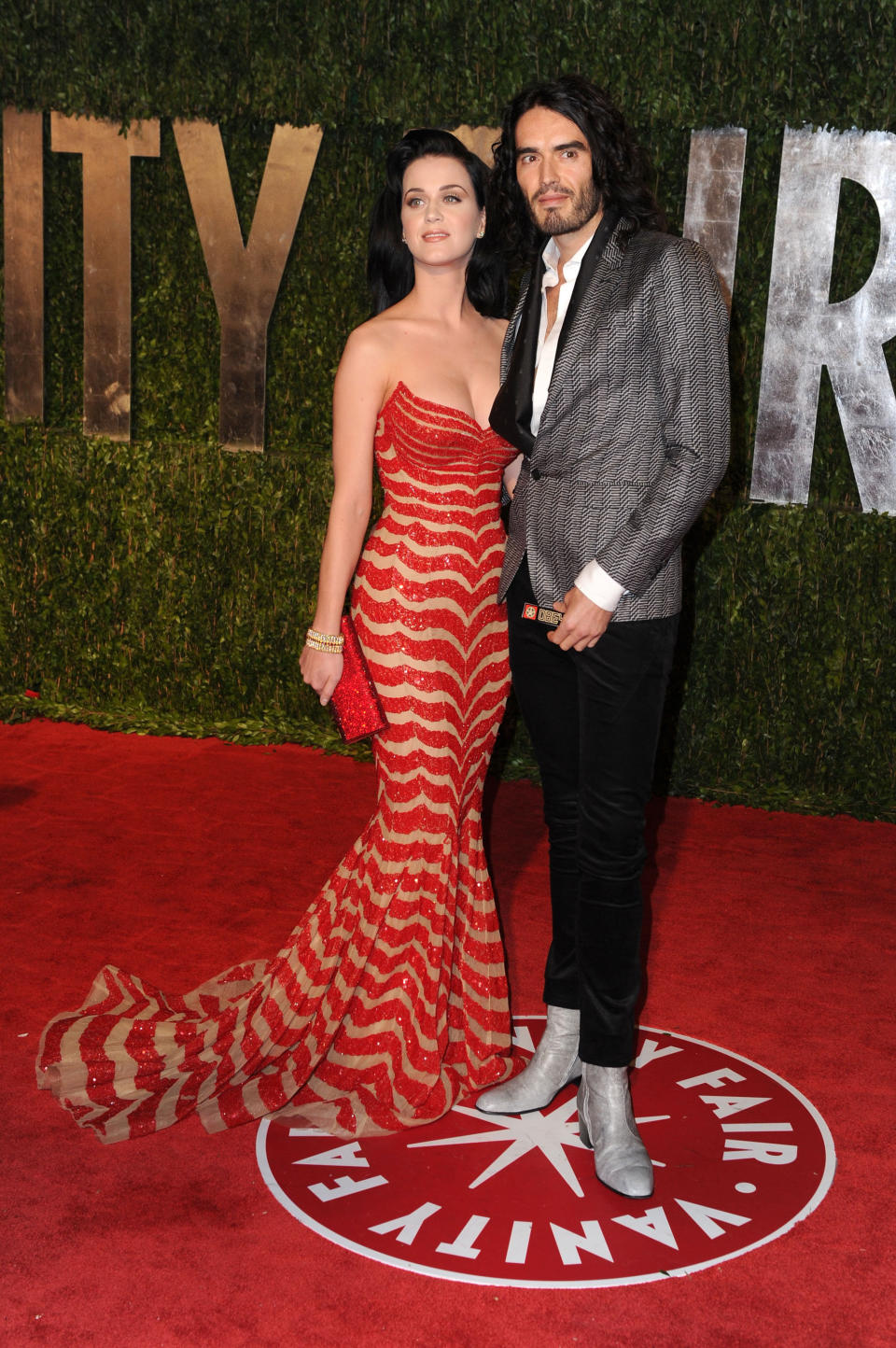 With her then-fianc&eacute;, comedian Russell Brand, arriving at the 2010 Vanity Fair Oscar Party at Sunset Tower on March 7, 2010, in West Hollywood, California