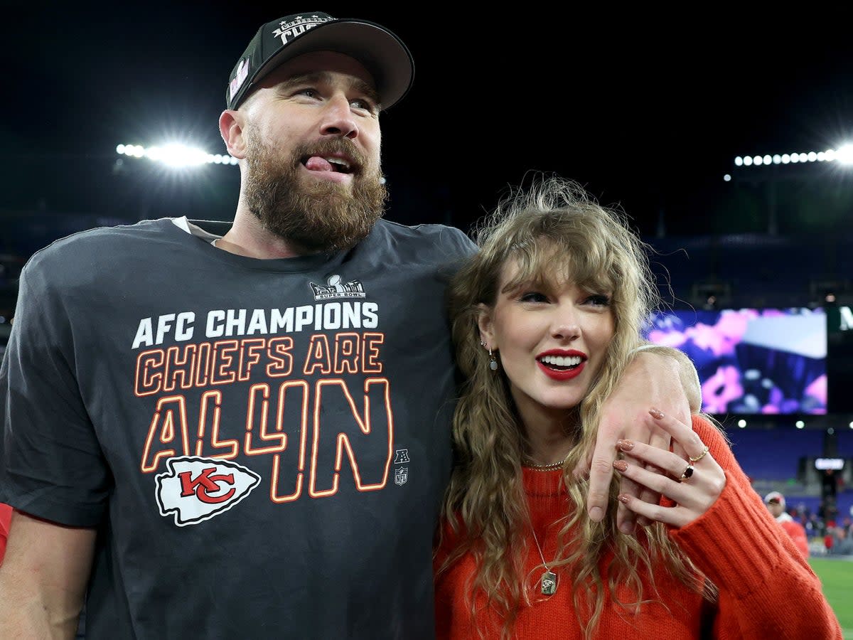 Travis Kelce and Taylor Swift after the Kansas City Chiefs’ victory at M&T Bank Stadium on 28 January 2024 in Baltimore, Maryland (Patrick Smith/Getty Images)