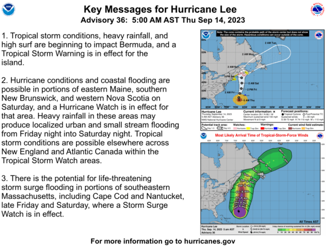 National Hurricane Center on X: 11 am AST: Hurricane #Lee is a large  hurricane and approaching New England and Atlantic Canada. Here are the Key  Messages. Visit  for details.   /