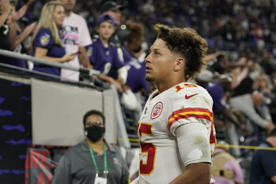 Kansas City Chiefs quarterback Patrick Mahomes (15) walks off the field after an NFL football game against the Baltimore Ravens, Sunday, Sept. 19, 2021, in Baltimore. Baltimore won 36-35. (AP Photo/Julio Cortez)