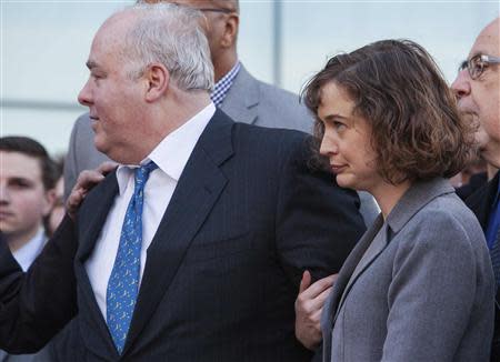 Michael Skakel (L) and defense attorney Jessica Santos leave Superior Court after Skakel posted a $1.2 million bail in Stamford, Connecticut November 21, 2013. REUTERS/Michelle McLoughlin