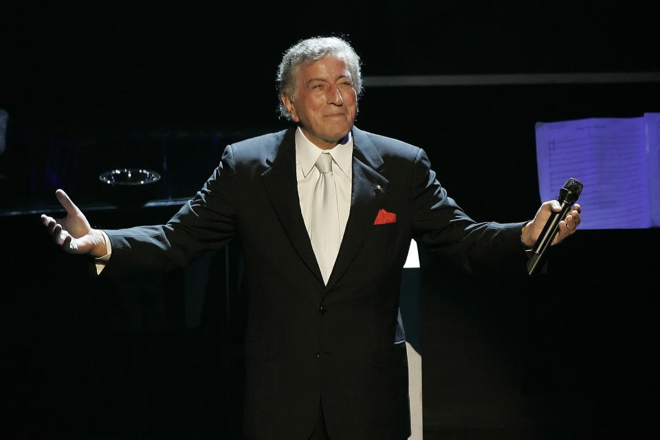 FILE - Tony Bennett reacts after performing the song "I left My Heart in San Francisco" during his 80th birthday celebration at the Kodak Theater in Los Angeles, on Nov. 9, 2006. Bennett, the eminent and timeless stylist whose devotion to classic American songs and knack for creating new standards, graced a decadeslong career that brought him admirers from Frank Sinatra to Lady Gaga, died Friday, July 21, 2023. He was 96. (AP Photo/Kevork Djansezian, File)
