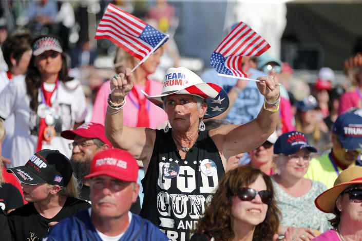 Republican supporters at the Save America rally at the Delaware County Fairgrounds, Saturday, April 23, 2022, in Delaware, Ohio.  Former President Donald Trump will speak later in the day to try to endorse Republican candidates and turnout ahead of the May 3 Ohio primary.  (Joe Maiorana/AP)                           