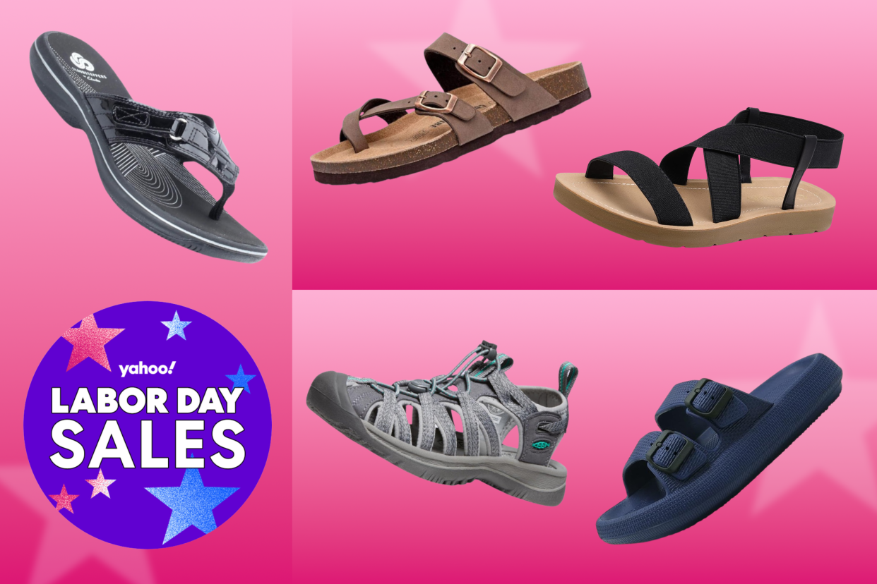 Clarks flip flop, Cushionaire sandal, navy strappy slide, adjustable gray sandal and black strappy sandal alongside badge reading Yahoo! Labor Day Sales