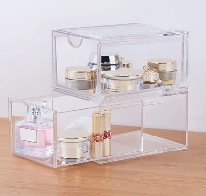 Stack toiletries and cosmetics in sleek acrylic drawers