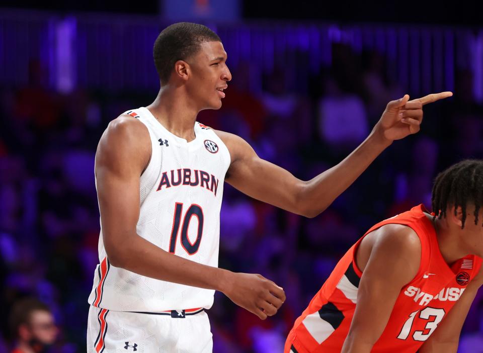 Nov 26, 2021; Nassau, BHS;  Auburn Tigers forward Jabari Smith (10) reacts during the second  half against the Syracuse Orange in the 2021 Battle 4 Atlantis at Imperial Arena. Mandatory Credit: Kevin Jairaj-USA TODAY Sports