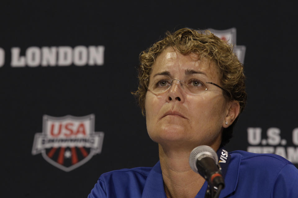 U.S. Olympic team head coach Teri McKeever speaks during a news conference at the U.S. Olympic swimming trials, Sunday, June 24, 2012, in Omaha, Neb. The trials start on Monday. (AP Photo/Charlie Neibergall)