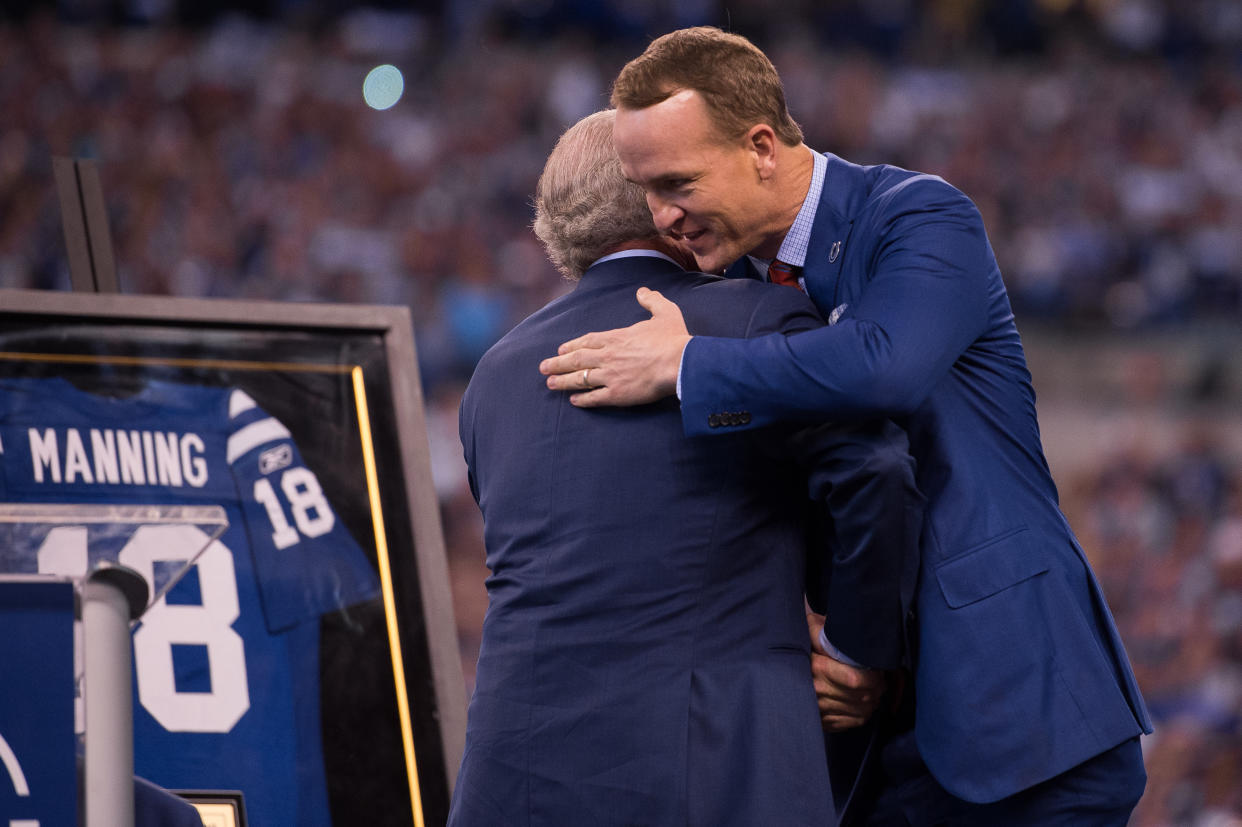 Peyton Manning, right, wasn't able to finish his career in a Colts unifform, but he remains beloved by the team's fan base and owner Jim Irsay. (Photo by Zach Bolinger/Icon Sportswire via Getty Images)