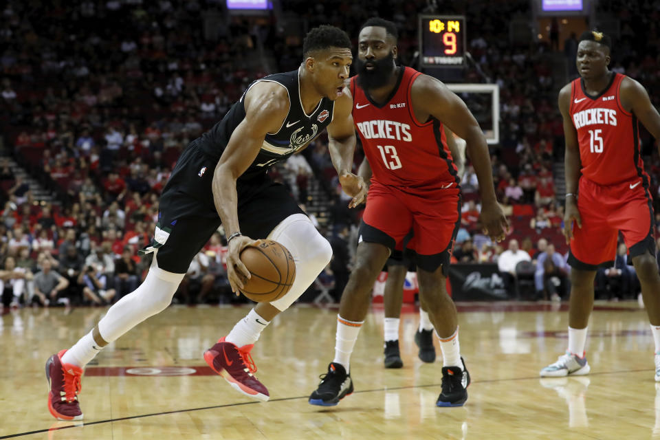 Giannis Antetokounmpo spoiled the debut of the James Harden-Russell Westbrook tandem with a monster triple-double. (Tim Warner/Getty Images)