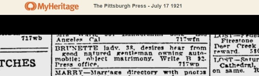 The Pittsburgh Press, (seeking gentleman owning automobile) July 17, 1921