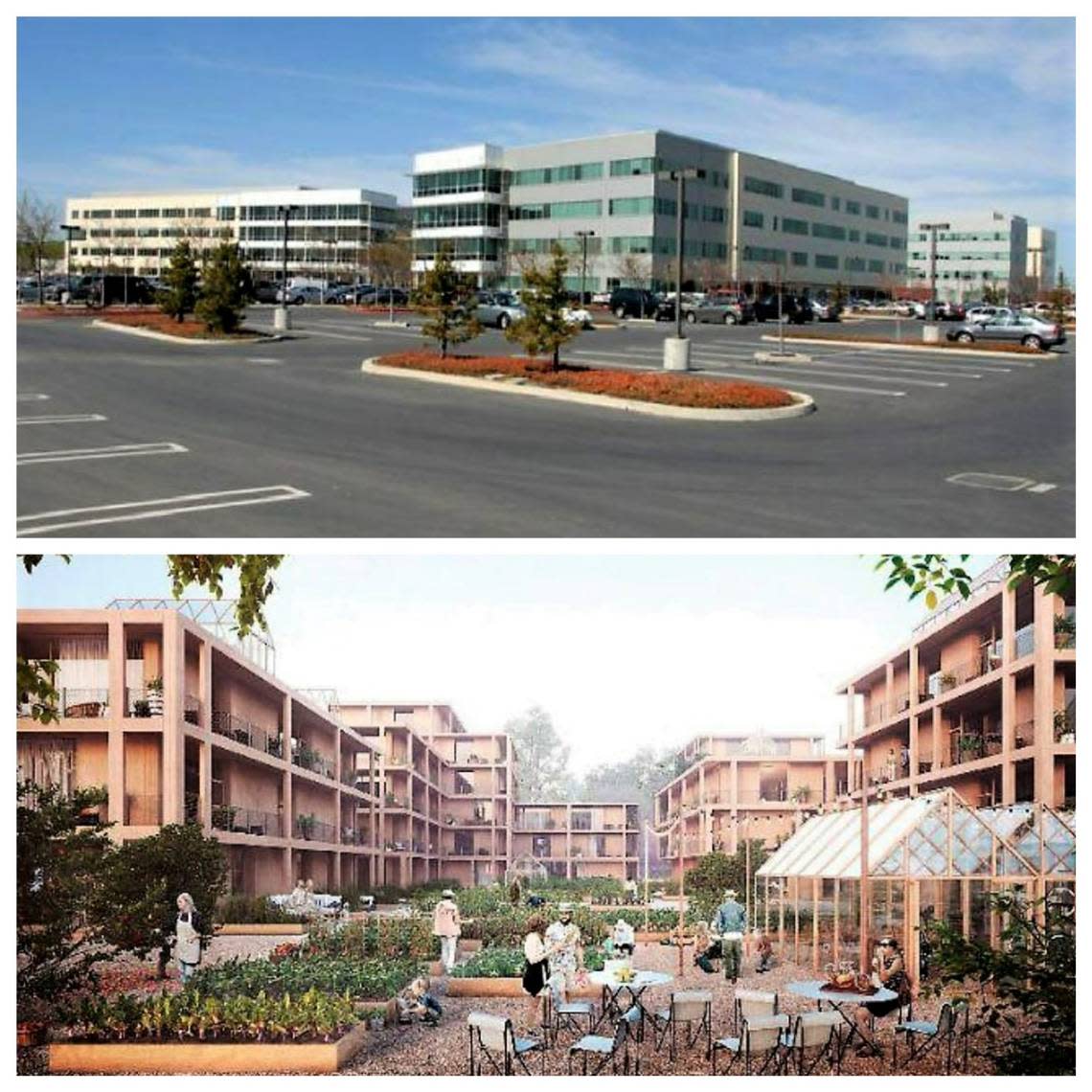 Jennifer Keesmaat, a planner and founder of the Keesmaat Group, said Chapel Hill has a lot of suburban design (top photo) with less-dense buildings in a sea of parking. The bottom photo is the Complete Community that the town wants, she said.