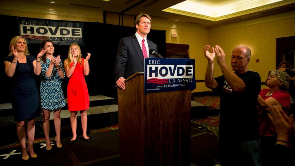 PHOTO: Eric Hovde, candidate for the U.S. Senate, gives his concession speech to supporters during his election night party, Aug. 14, 2012 in Peaukee, Wis. (Tom Lynn/AP, FILE)