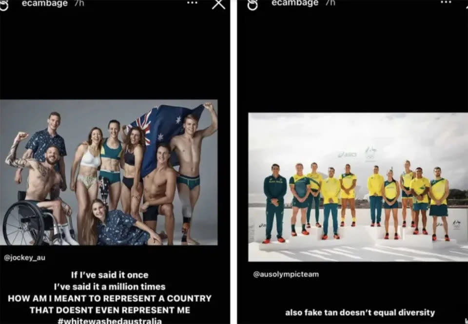 Seen here are the two Australian Olympic team photos that Liz Cambage criticised.