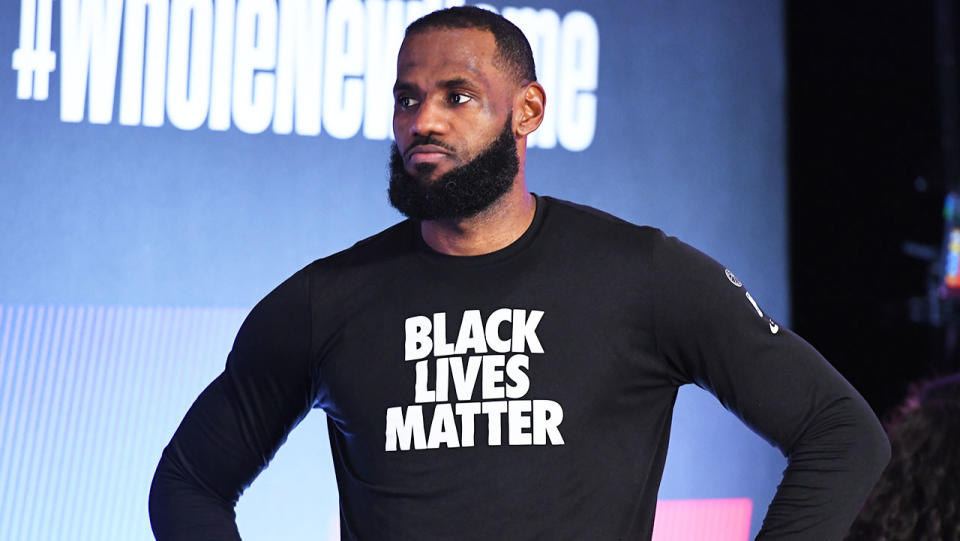 LeBron James wearing a Black Lives Matter movement t-shirt in a media conference.