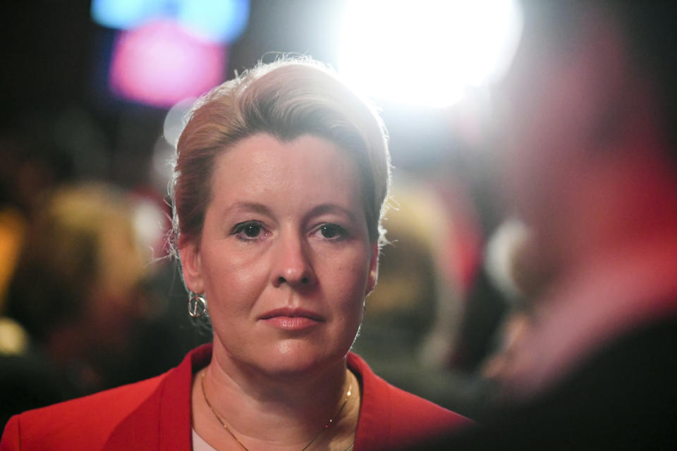 Franziska Giffey, Governing Mayor of Berlin and top candidate of the Berlin SPD, is photographed during an interview at the SPD's election party at Festsaal Kreuzberg, in Berlin, Germany, Sunday, Feb. 12, 2023. After the 2021 election, Giffey, who belongs to German Chancellor Olaf Scholz’s Social Democrats, led the city as Berlin's mayor in a three-party left-wing governing coalition with the Greens and the Left party. The 44-year-old was running again Sunday. (Christophe Gateau/dpa via AP)