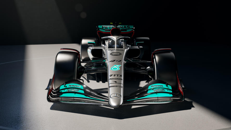 A look at Lewis Hamilton’s Mercedes-AMG Petronas race car, newly modified to meet regulation requirements for the 2022 season. - Credit: Marriott Bonvoy