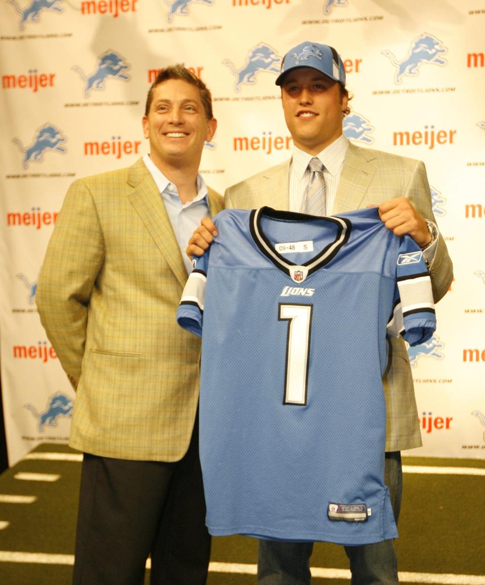 Detroit Lions coach Jim Schwartz, left, and No. 1 overall draft pick quarterback Matthew Stafford during a news conference April 26, 2009, at the team's practice facility in Allen Park.