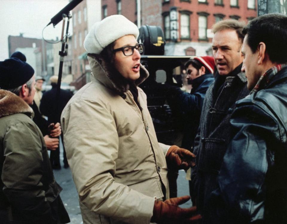 A photograph of William Friedkin and Gene Hackman on the set of The French Connection.