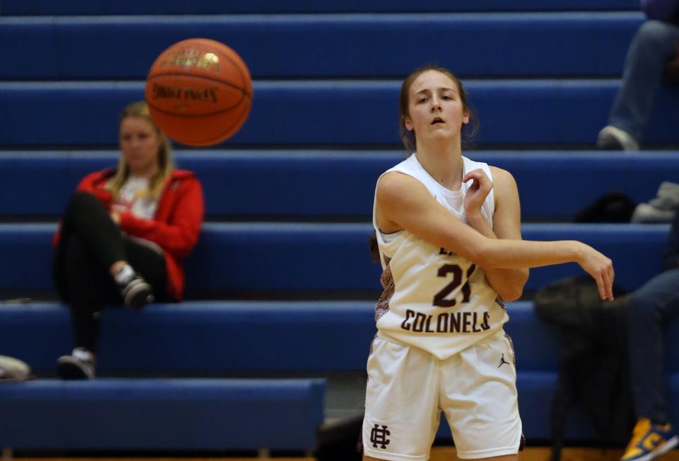 Henderson’s Graci Risley passes the ball against CAL.Jan. 24, 2023