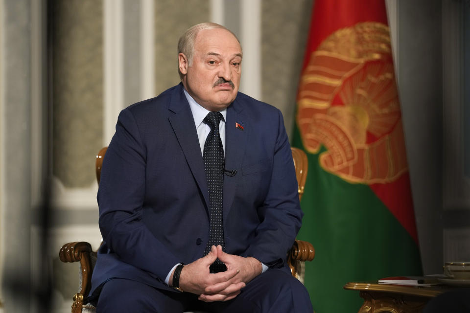 Belarus President Alexander Lukashenko is interviewed by The Associated Press at the Independence Palace in Minsk, Belarus, Thursday, May 5, 2022. (AP Photo/Markus Schreiber)