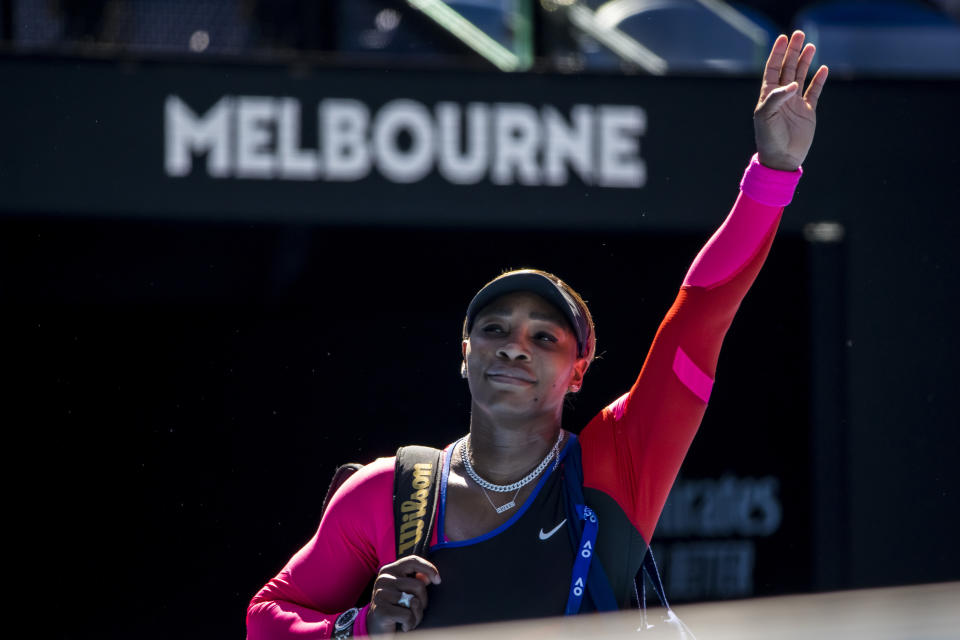 Serena Williams (pictured) waves to the crowd at the 2021 Australian Open.