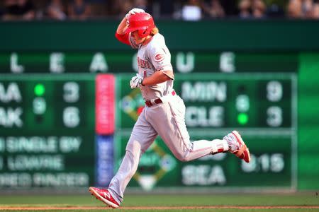 Jun 16, 2018; Pittsburgh, PA, USA; Cincinnati Reds pinch hitter Brandon Dixon (4) rounds the bases on a solo home run against the Pittsburgh Pirates during the ninth inning at PNC Park. The Pirates won 6-2. Mandatory Credit: Charles LeClaire-USA TODAY Sports