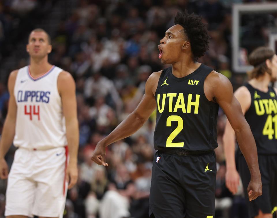 Utah Jazz guard Collin Sexton (2) shouts after a basket against the LA Clippers in Salt Lake City on Friday, Oct. 27, 2023. The Jazz won 120-118. | Jeffrey D. Allred, Deseret News