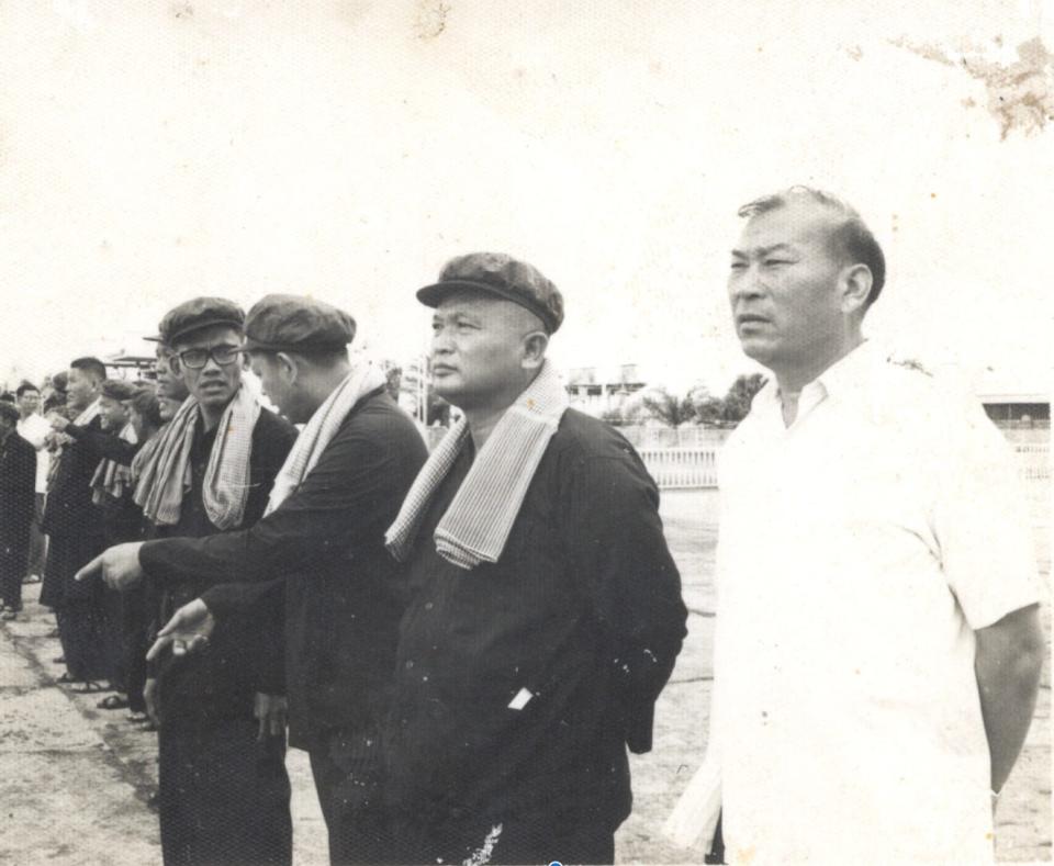 An undated photograph shows from right to left, general Deng Khun Sen, Nuon Chea, Ieng Sary, Son Sen, all senior leaders of the Khmer Rouge.