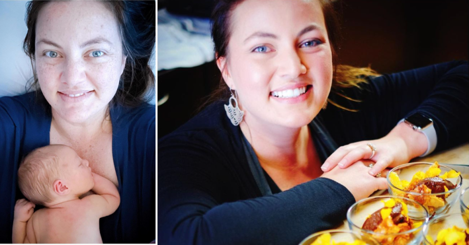 2016 MasterChef Australia winner Elena Duggan with baby Fraser. Right, on the set with servings of food.