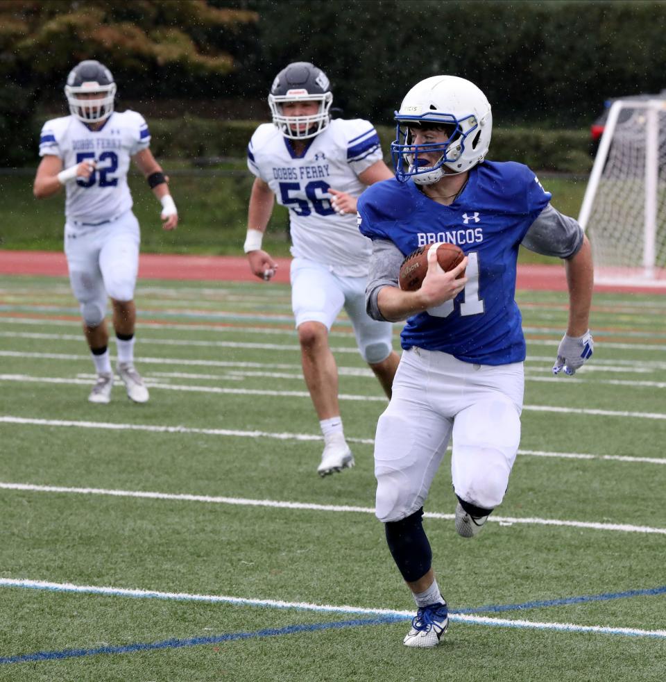 Bronxville's Davis Patterson carries the ball in front of Dobbs Ferry's Marty O'Leary during their football game at Bronxville High School, Sept. 23,. 2023. Dobbs Ferry beat Bronxville, 12-7.