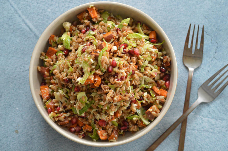 Farro salad with sweet potatoes and Brussels sprouts. (Natalie Rizzo)