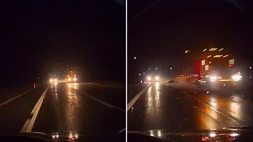 A young driver was forced into the middle of the road, when a truck merged into her lane to overtake another truck. Source: Storyful