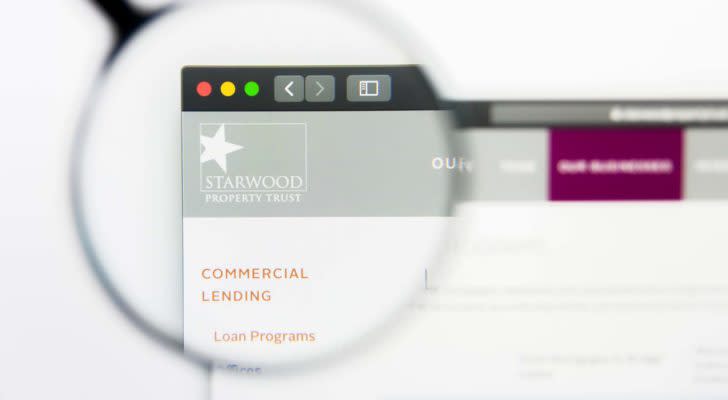 An image of an web page with a magnifying glass zoomed in on the top left of the screen showing red, yellow, and green circle buttons, a left and right arrow button, a third button, and the white box star logo for Starwood Property Trust.