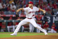 Los Angeles Angels starting pitcher Reid Detmers throws to a Texas Rangers batter during the first inning of a baseball game in Anaheim, Calif., Friday, Sept. 30, 2022. (AP Photo/Alex Gallardo)