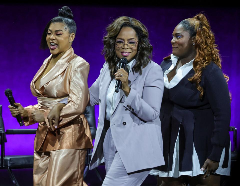 Taraji P. Henson (far left), Oprah Winfrey and Danielle Brooks promote the upcoming film "The Color Purple" during CinemaCon in Las Vegas.