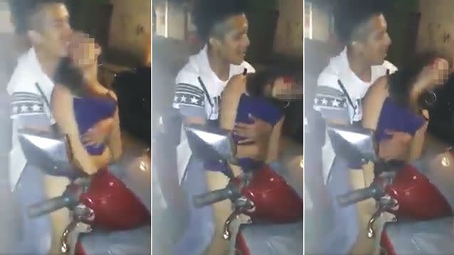 A harrowing video has captured the moment a man tries to prop up a limp, unconscious, bleeding woman on his scooter after allegedly punching her in the head. Photo: Operaciones Especiales México/Facebook