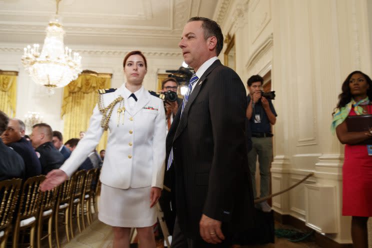 White House chief of staff Reince Priebus arrives in the East Room of the White House, July 27, 2017. (Photo: Evan Vucci/AP)