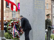 U.S. Secretary of State Mike Pompeo attends a ceremony at the General Patton memorial in Pilsen near Prague, Czech Republic, Tuesday, Aug. 11, 2020. U.S. Secretary of State Mike Pompeo is in Czech Republic at the start of a four-nation tour of Europe. Slovenia, Austria and Poland are the other stations of the trip. (AP Photo/Petr David Josek, Pool)