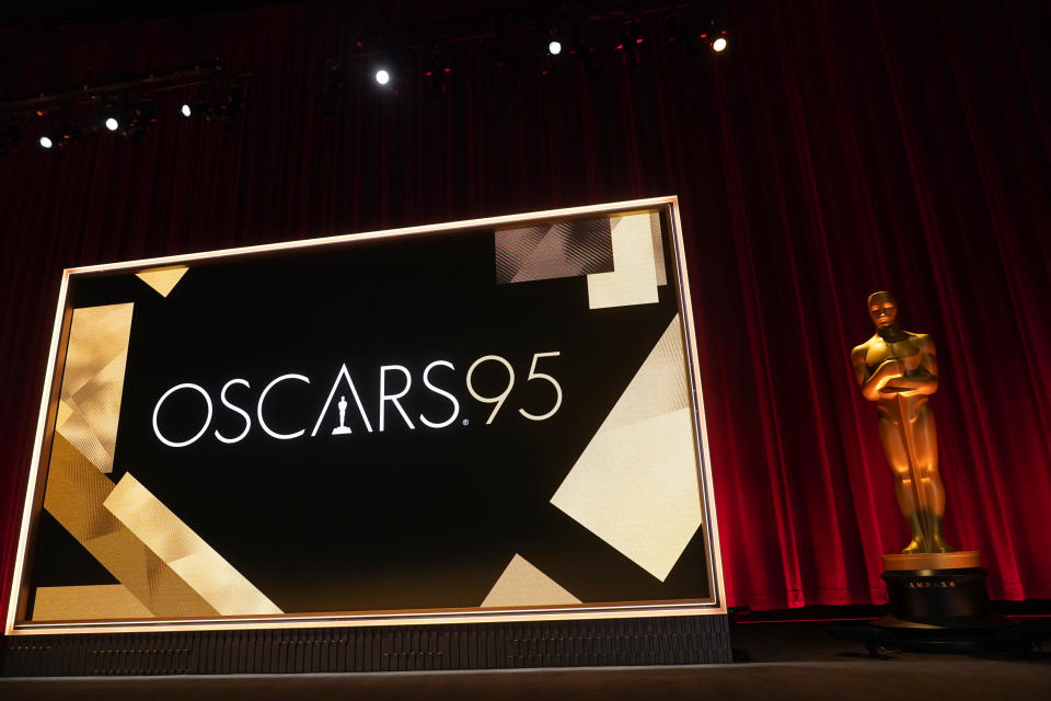 A view of the stage appears before the start of the 95th Academy Awards nomination ceremony on Tuesday, Jan. 24, 2023, at the Academy Museum in Los Angeles. The 95th annual Academy Awards will take place on Sunday, March 12, 2023, at the Dolby Theatre in Los Angeles. (AP Photo/Jae C. Hong)