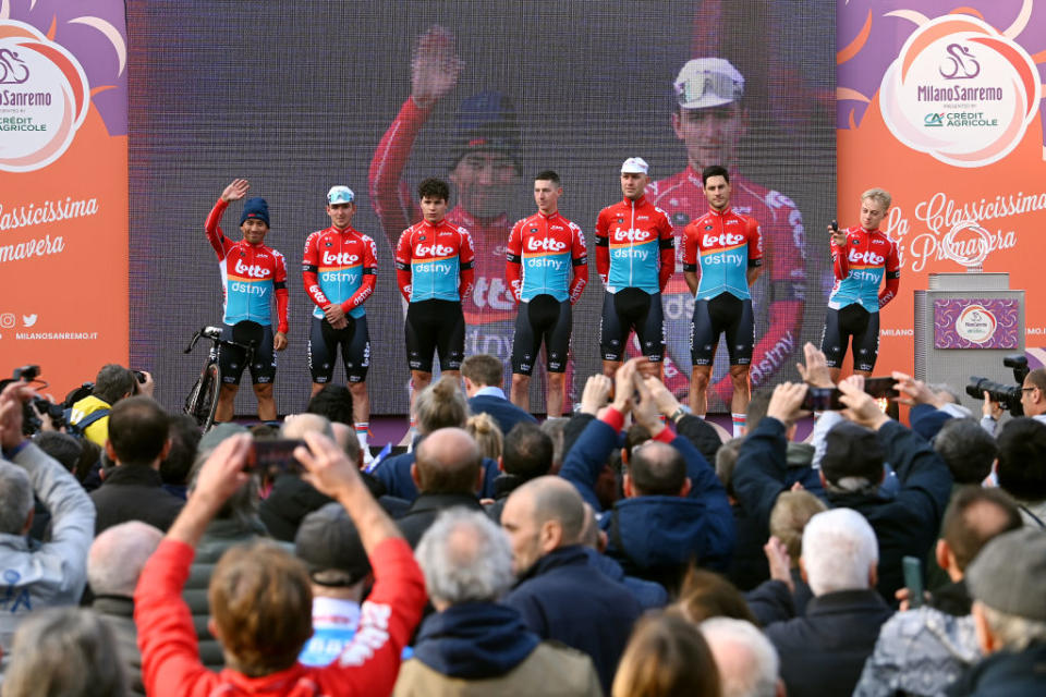 Lotto-Dstny line up to greet the public at the Milan-San Remo team presentation in Abbiategrasso