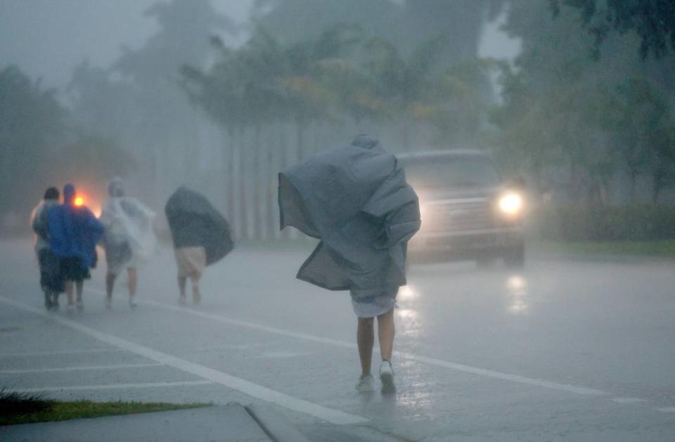 A group of people in raincoats walk east along Hollywood Boulevard in the pouring rain on Wednesday, April 12, 2023. Mike Stocker/South Florida Sun Sentinel